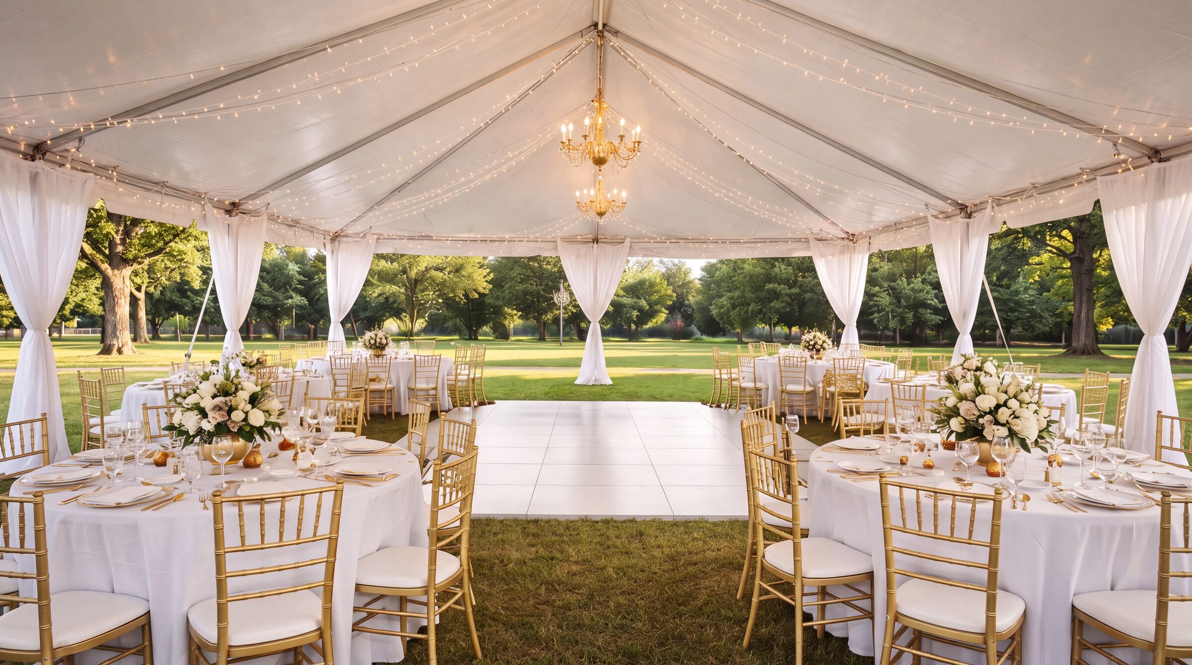 Round tables and gold chiavari chairs set for a reception under a white frame tent, with string lights, chandeliers and a dance floor